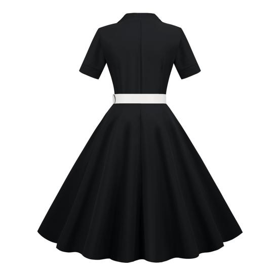 Dámské šaty, výstřih, klopa, jednořadý, s páskem, linie A, velký švih, úzký, vysoký pas, jednobarevné retro, krátký rukáv, princeznovské šaty ve stylu lady midi