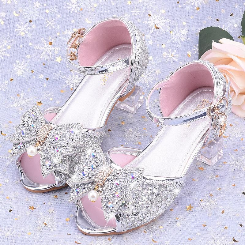 Children Princess Sandals Kids Girls Wedding Shoes High Heels Dress Shoes Bowtie Purple Pink Blue Silver Shoes for Girls