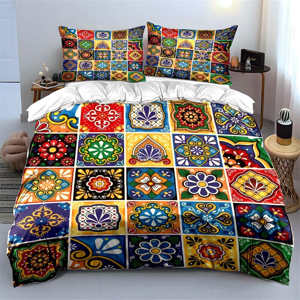 Colorful Tile Pattern Decor Set Multiple Sizes Kid'S And Adults' Bedroom Exquisite 3Pc Bedding Set, Gift