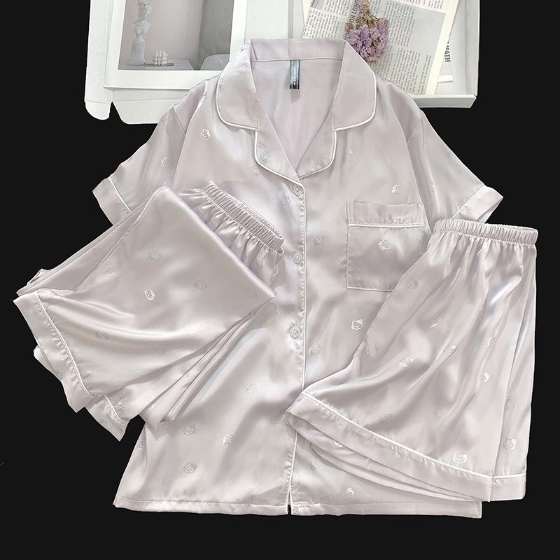 Women's Ice Silk Pajama Set: Built-in Bra, Silver Cinnamon Dog & Cat Top, Shorts & Long Pants
