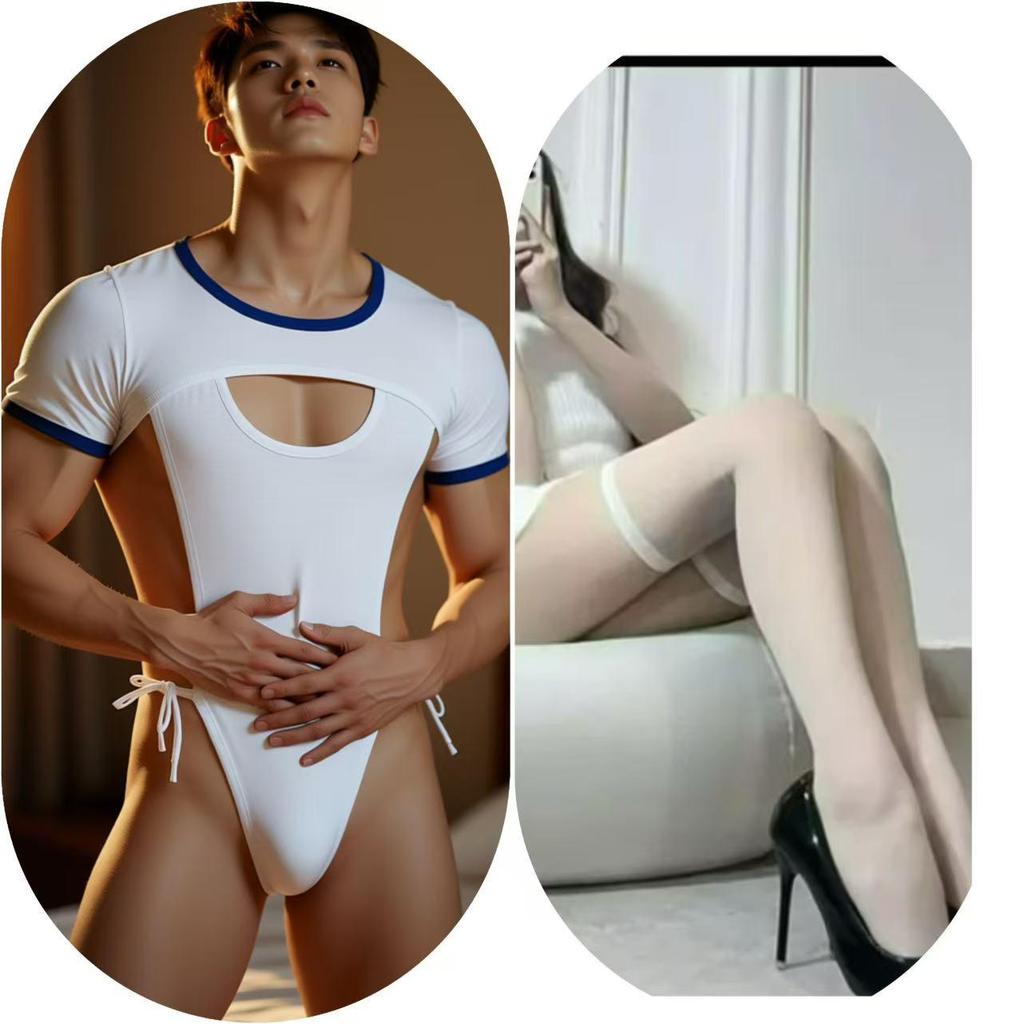 Plus Size Men's Cross-Dressing Erotic Lingerie: Open Crotch Student Outfit, Nipple-Revealing Bodysuit, Seductive Flirtation Uniform