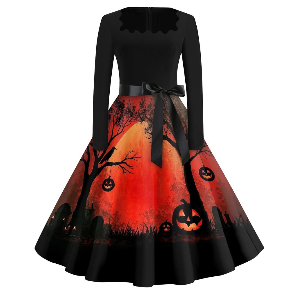 Women's Casual Vintage Halloween Print Dress Square Neck Long Sleeve Fit Flare Midi Dress with Waist Tie for Seasonal Occasion