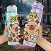 1PC Copy Paste Bear Cartoon Pattern 750ml Color Plastic Sports Water Bottle Leakproof Flip Straw Lid Suitable for Sports Office Home Use