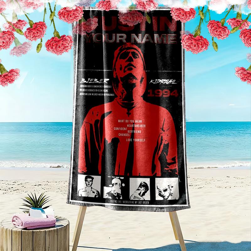 Name Custom Bieber Poster Print Beach Towel, Large Soft Quick Dry Towel for Beach Camping Swimming