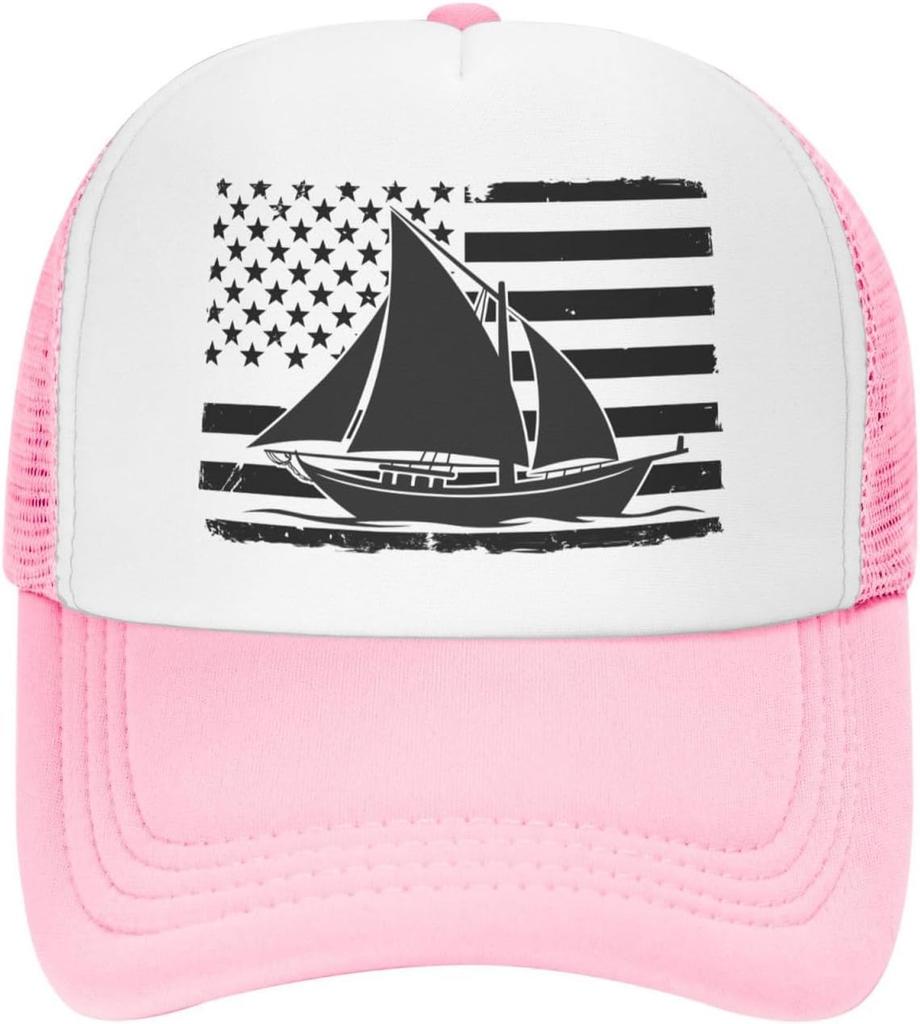 Distressed American Flag Sailboat Trucker Hat Sailing Graphic Mesh Cap Adjustable Outdoor Dad Hat