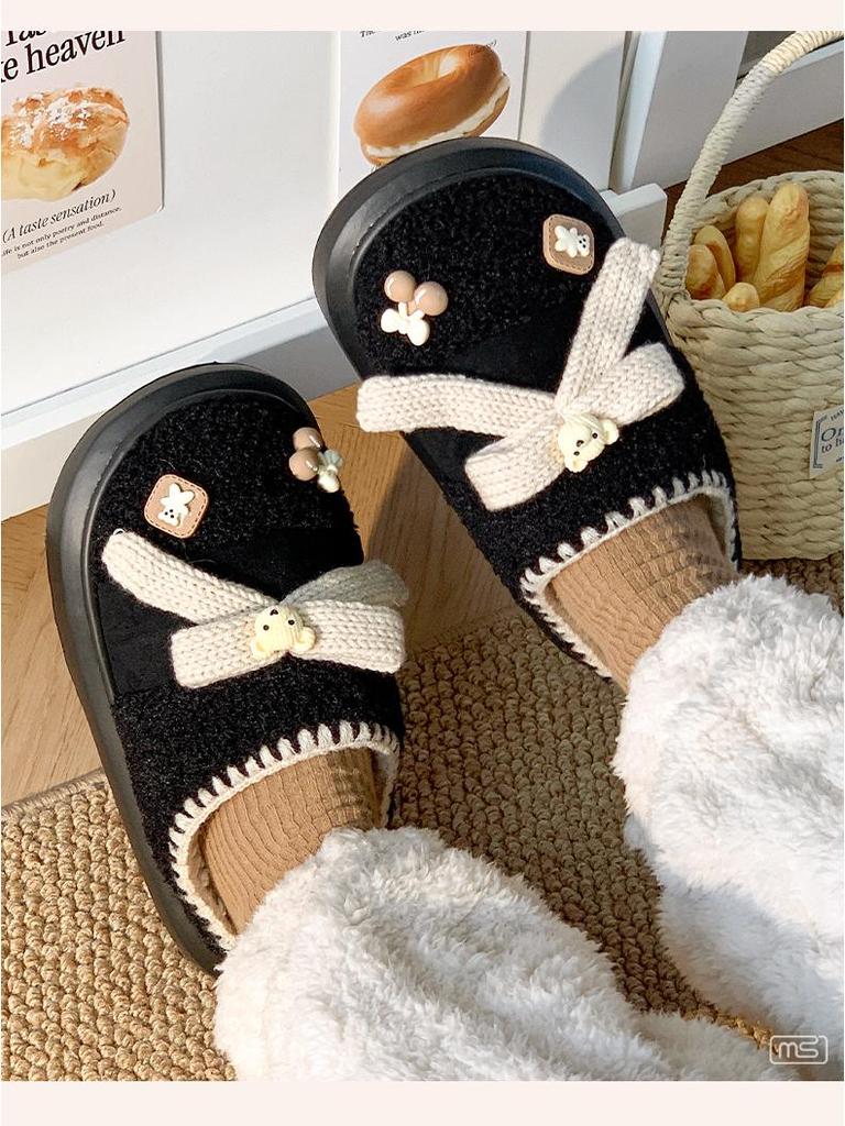 Damen-Hausschuhe aus Baumwolle mit Plüschbärenmotiv – dick, warm, Winterschuhe für drinnen und draußen