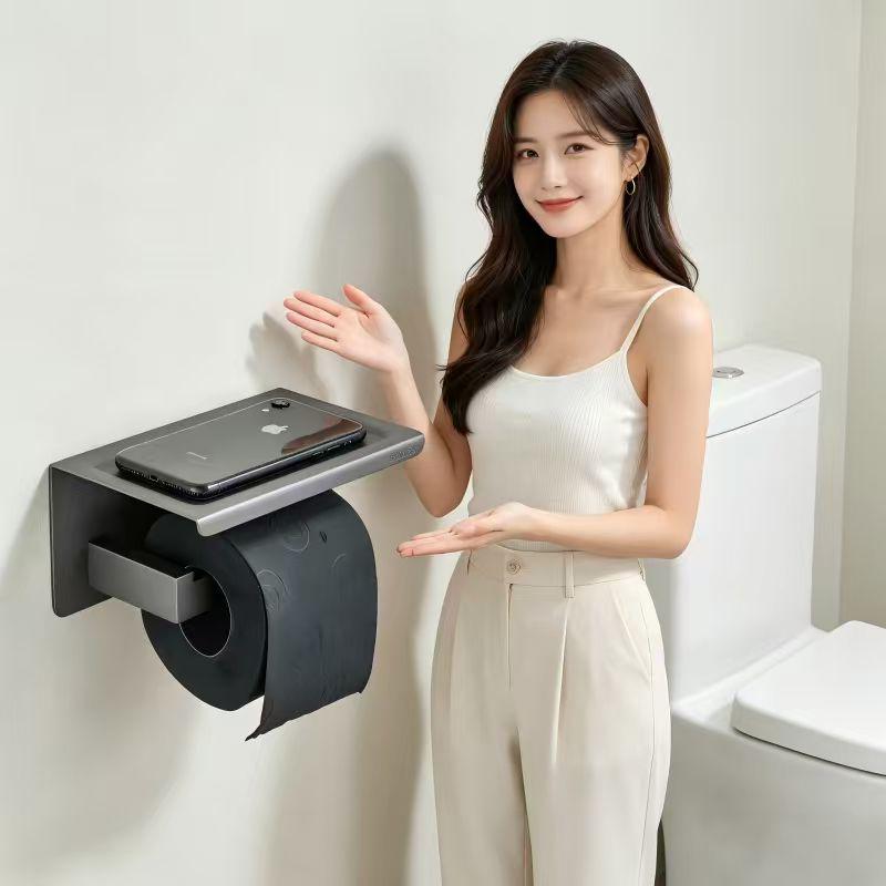 Gunmetal Grey Stainless Steel Wall-Mounted Toilet Paper Holder with Storage Rack