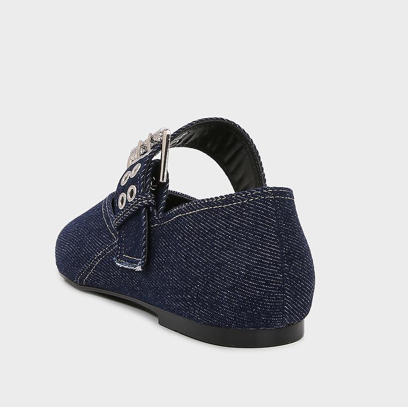 Ballerines Plates en Denim Bleu Mode pour Femmes, Ballerines Plates à Sangle à Boucle Métallique, Chaussures Plates Légères et Respirantes de Type Mary Jane, Chaussures de Créateur