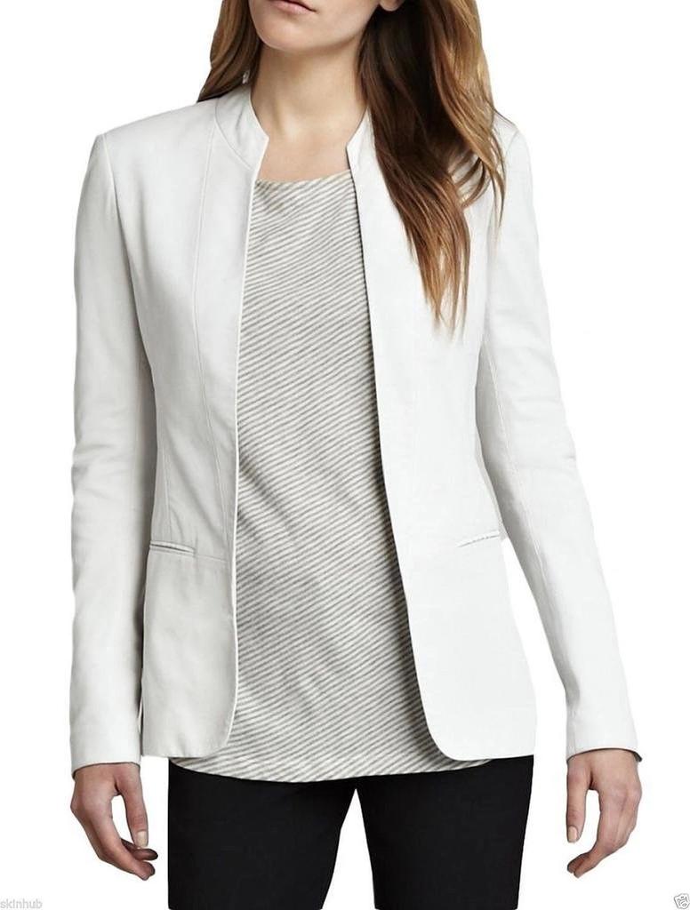 Nuovo Blazer da Donna Elegante in Pelle di Agnello Bianca Fatto a Mano di Design per Feste