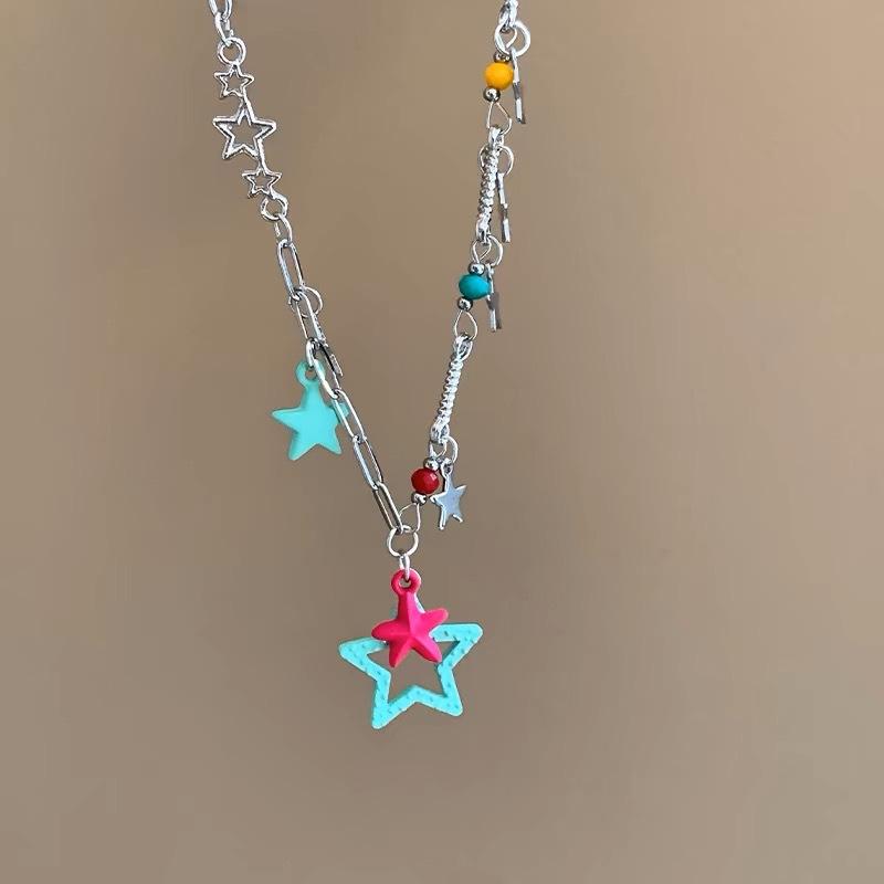 Dopamine Pink Green Pentagram Necklace Female Tide Niche Design Sweet Cool Color Clavicle Chain Sweater Chain Female