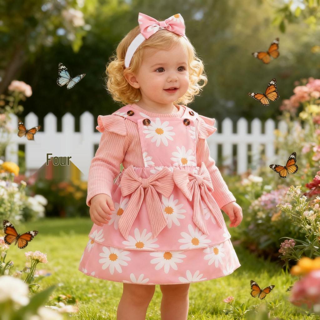 European & American Baby Striped Long-Sleeve Top, Floral Suspender Skirt & Headband Set for Spring & Autumn Girls