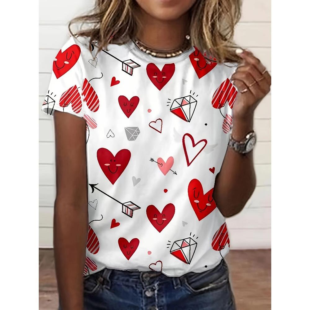 Heart-patterned Strawberry 3D Print Women's Round Neck Short-sleeved T-shirt, Loose Fit Top, Women's Clothing