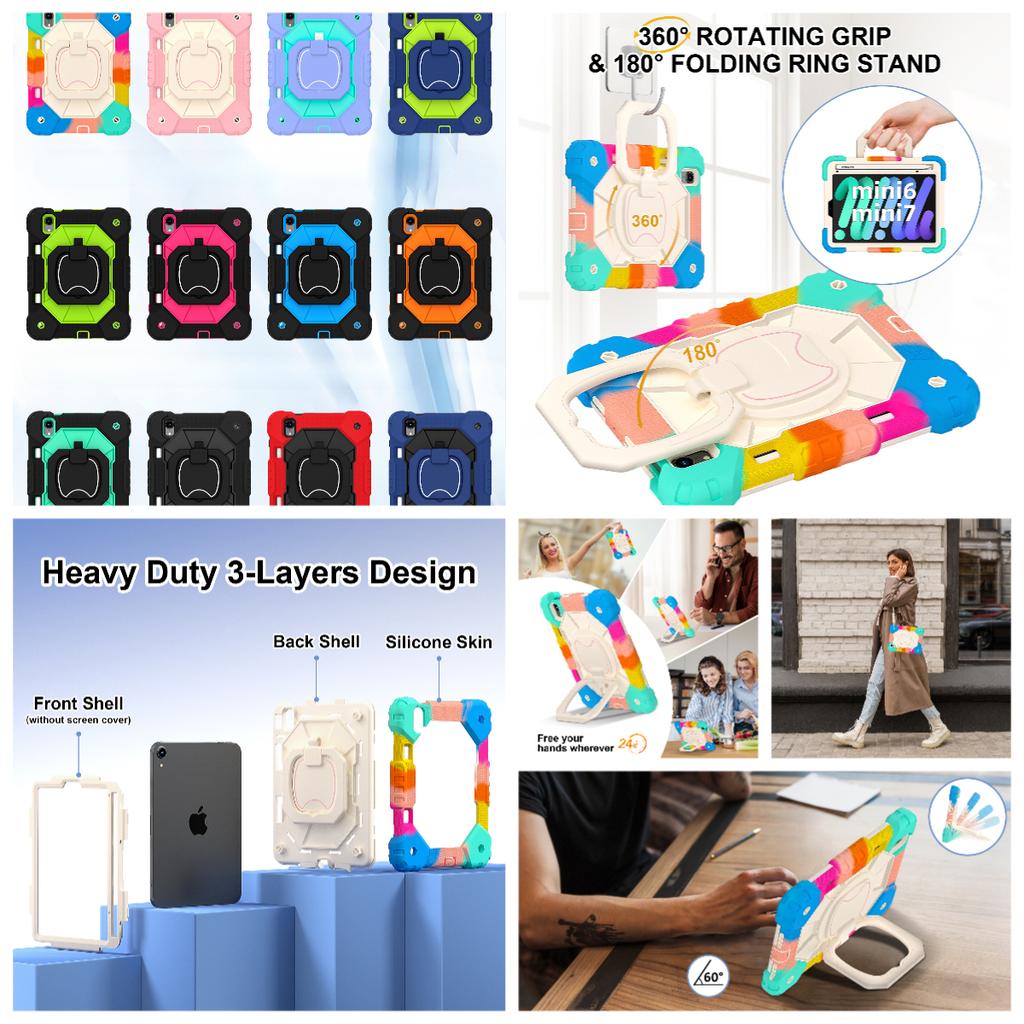 For Apple iPad Mini (2024) 360° Rotating Grip Heavy Duty Protection Stand TPU+PC 3in1 Anti-knock Shockproof Tablets PC Case