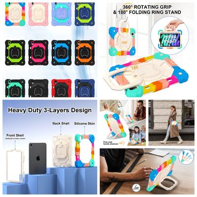 Apple iPad mini (2024 m) 360° besisukantis rankenos stovas, tvirtas apsauginis stovas, TPU + PC, 3in1, smūgiams atsparus planšetinių kompiuterių dėklas