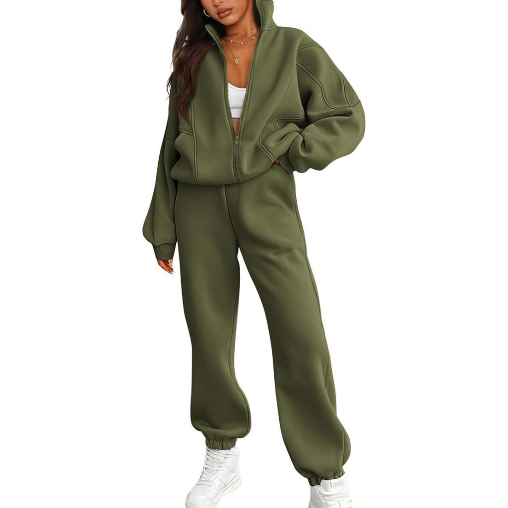 2025 Women's Fleece Sweatshirt Two-Piece Set Casual Zip-Up Loose Fashion Tracksuit