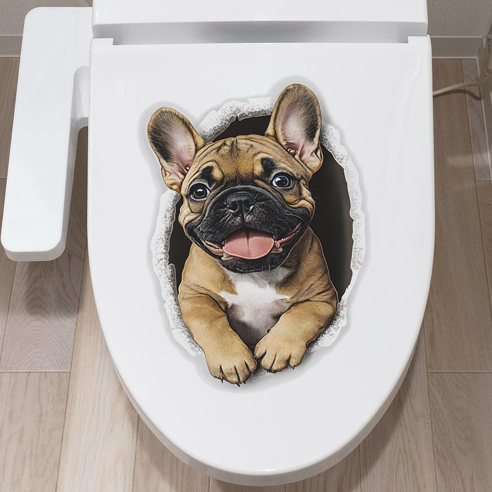 Cute French Bulldog 3D Illusion Toilet Wall Sticker Self-Adhesive Removable Bathroom Funny Home Decor Art
