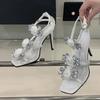 Fashion Liyke Crystal Gem Rose Flowers Designer Sandal Female Elegant Square Toe White High Heels Party Dress Shoe Women Sandalias Mujer