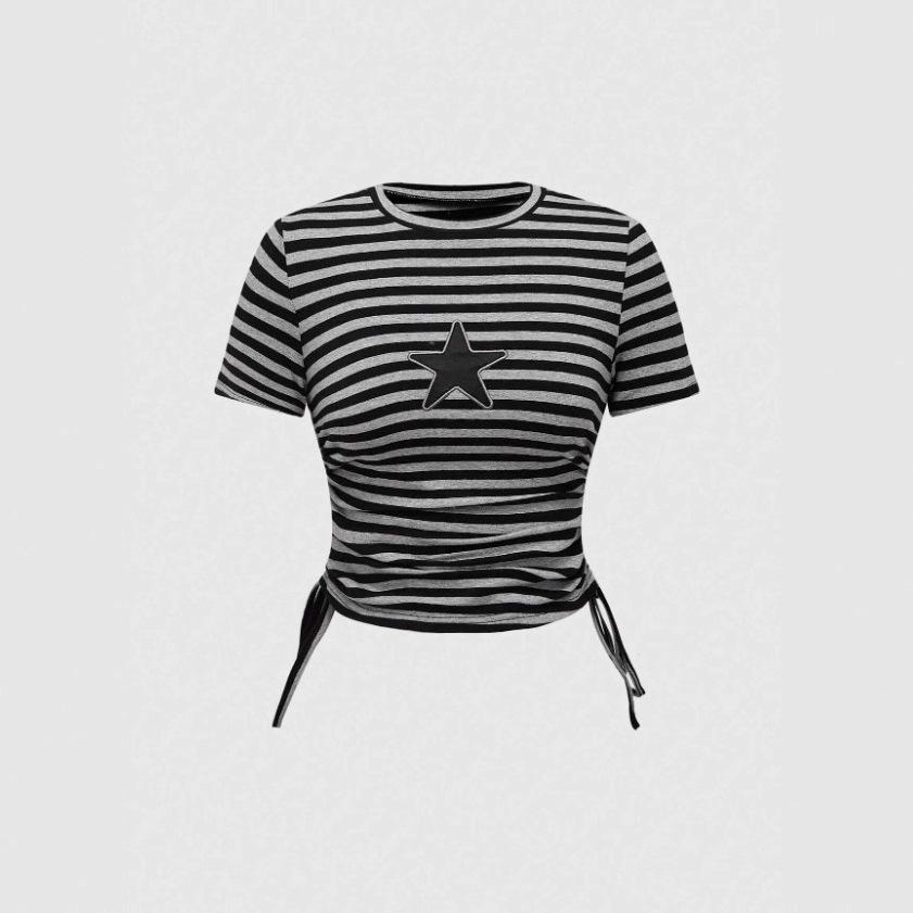 2026 Cross-border Sweet and Spicy Patchwork Punk T-shirt for Women - Irregular, Versatile Short-sleeved Top