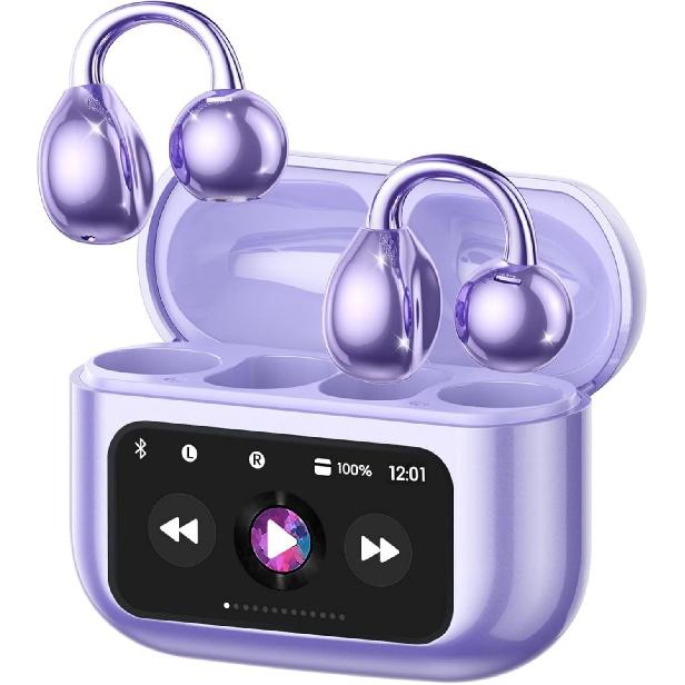 Elegant Touchscreen Clip-On Earbuds, Wireless Open Ear Headphones with 1.3" Color Display, Bluetooth 5.4, 50H Playtime, Ultra-Light 4.1g, IPX5
