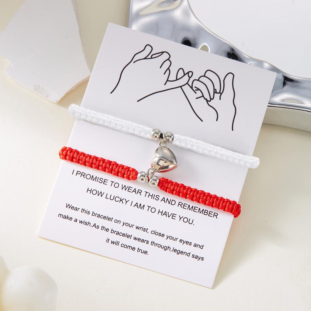 2 Pcs Lucky Red Braided Rope Bracelet for Women Men Romantic Heart Magnetic Matching Bracelets Lovers Valentine's Day Jewelry