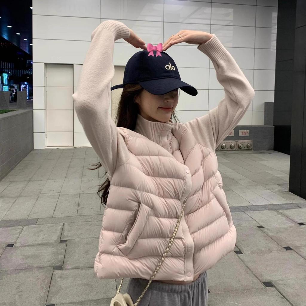 Dongju Good-looking Knitted Stand-up Collar Splicing Ribs Down Jacket Women's Short Warm and Light Bottoming Jacket