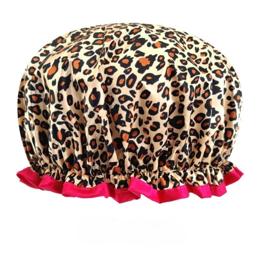 Leopard Print Waterproof Shower Cap Double Layer Elastic Hair Cover Reusable Bathroom Accessories