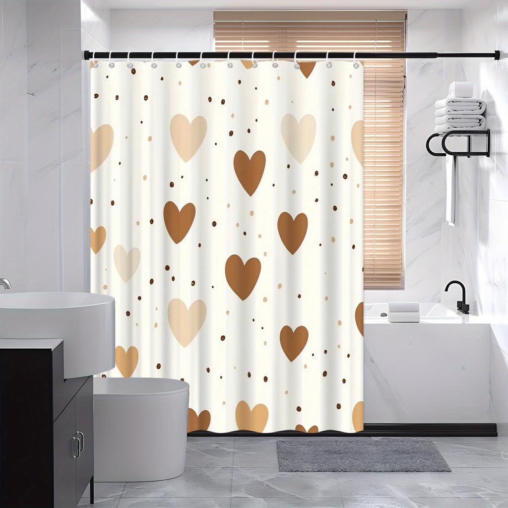 Hearts & Dots Shower Curtain - Minimalist Earth Tones, Golden Heart Accents, 12 Hooks, Polyester, Machine Washable