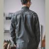 Men's Heavyweight Retro American Khaki Denim Shirt, Vertical Stripes, Washed Distressed, Long-sleeved Workwear.