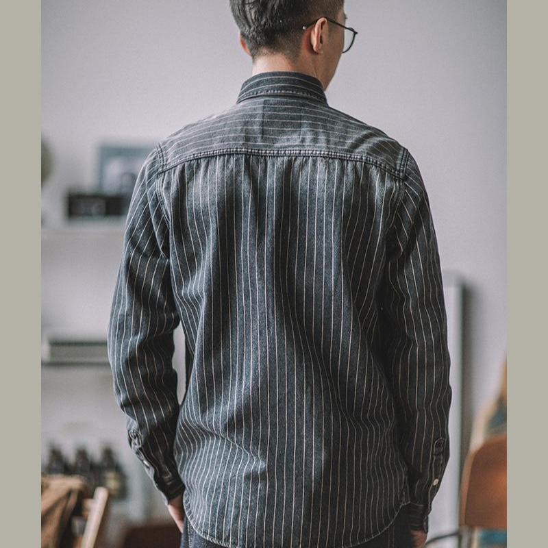 Men's Heavyweight Retro American Khaki Denim Shirt, Vertical Stripes, Washed Distressed, Long-sleeved Workwear.