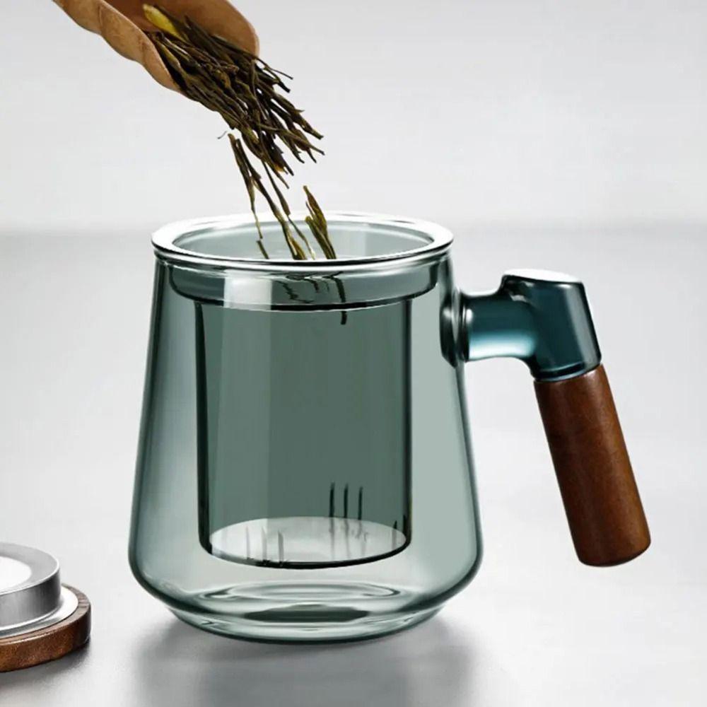 High Borosilicate Glass Glass Tea Cup with Tea Infuser Wood Handle Clear Teapot  Office Use