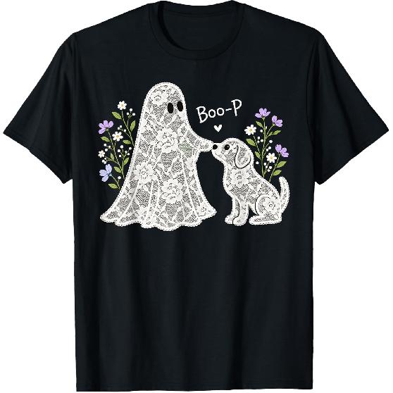 Boo-P Floral Ghost and Dog Halloween Boop Humor Design T-Shirt