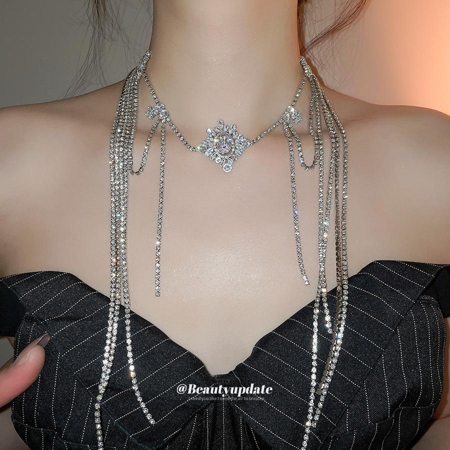 Japanese-Korean Rhinestone Zirconia Tassel Necklace: Trendy, Versatile Clavicle Chain for Women