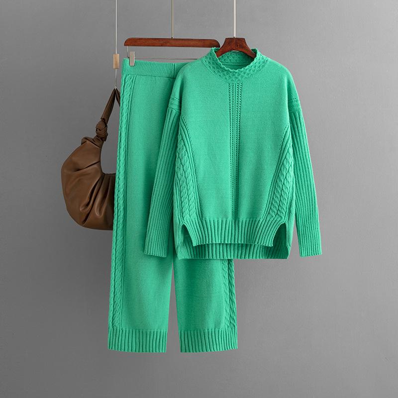 Women's Autumn And Winter Fashion Suit Casual Solid Color Loose Knit Half High Neck Sweater Two Piece Set