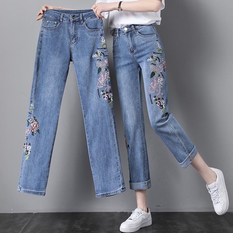 Jeans Gamba Dritta Donna Estate Sezione Sottile Larghi Vita Alta Ricamati Stile Etnico Pantaloni Gamba Dritta con Fiori Pantaloni