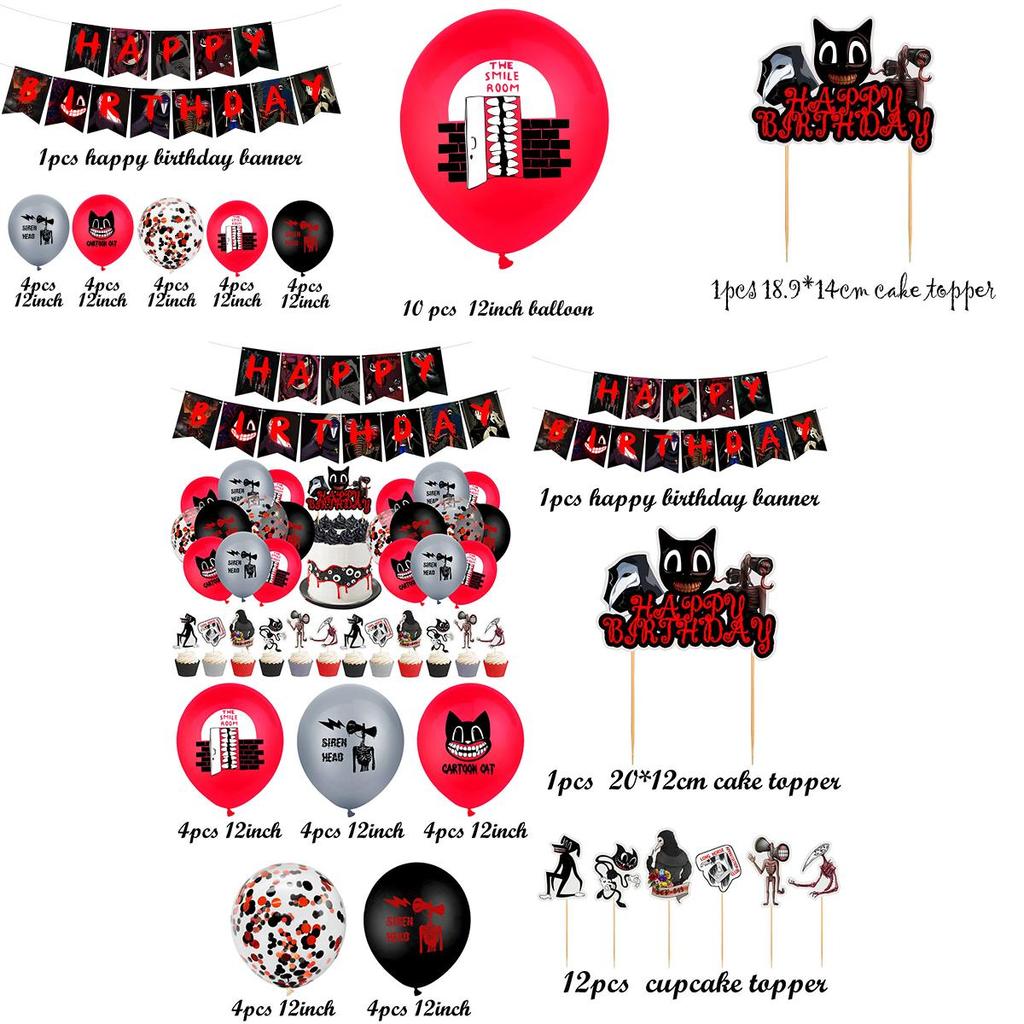 Scary Siren Head Cartoon Cat Horror Birthday Party Balloon Banner Cake Topper