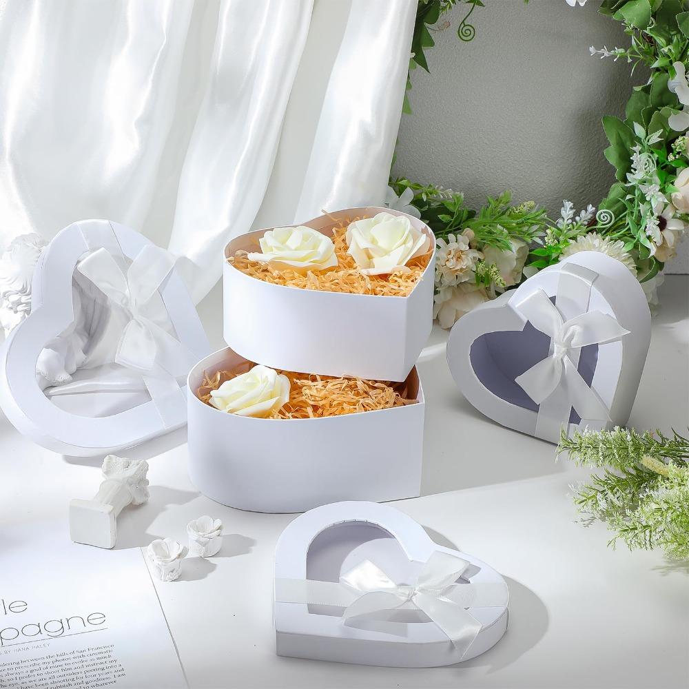 4pcs Flower Boxes Heart Shaped Gift Boxes Floral Gift Box Assorted Sizes with Transparent Window Lids and Ribbons Display Box Party Favor Box