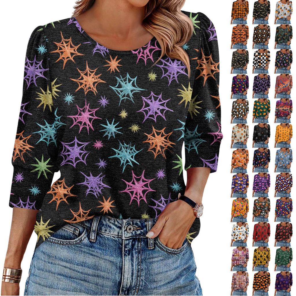 Top da donna alla moda casual a manica a tre quarti con scollo rotondo e maniche a bolla stampato per Halloween