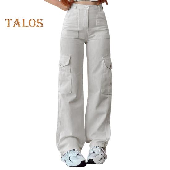 

Женские брюки-карго со средней посадкой, застегивающиеся на молнию на талии, повседневные брюки с множеством карманов, прямые, свободные, однотонные длинные брюки L светло-серый