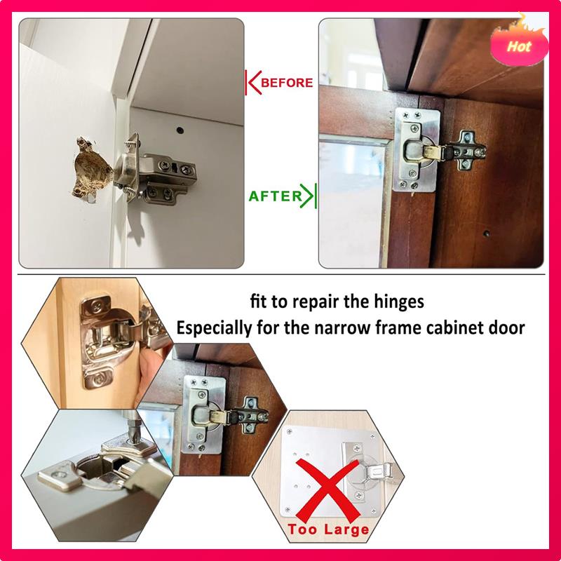 Lot de 4 Plaques de Réparation de Charnière d'Armoire Avec Lot de 2 Charnières d'Armoire à Fermeture Douce à Recouvrement Total - Plaque Kit de Réparation de Charnière Pour Armoire Durable