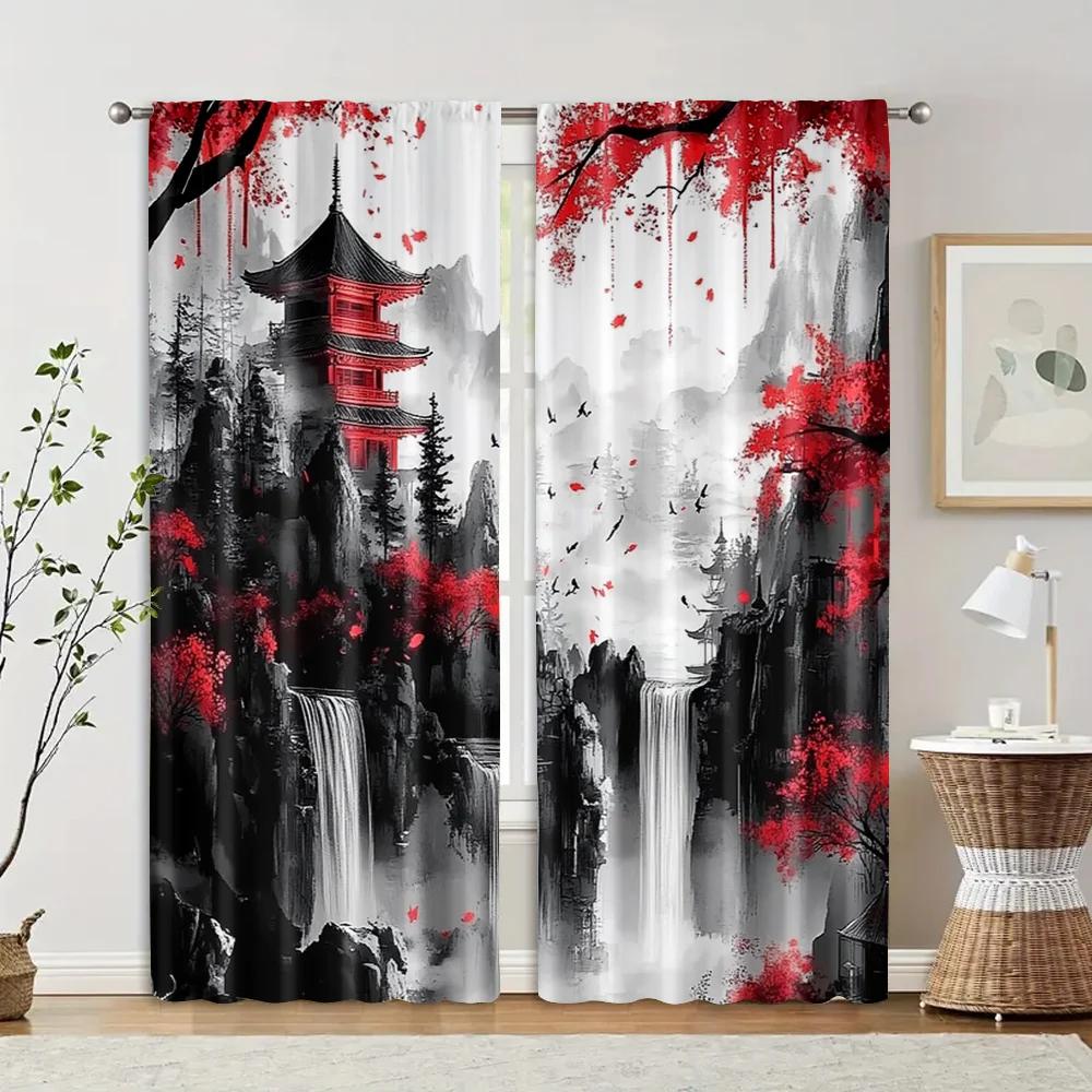 2pcs, Window Curtain print Japanese Mountain Ink Painting 100% Polyester (without rod) Art Deco Festive for Living Room &