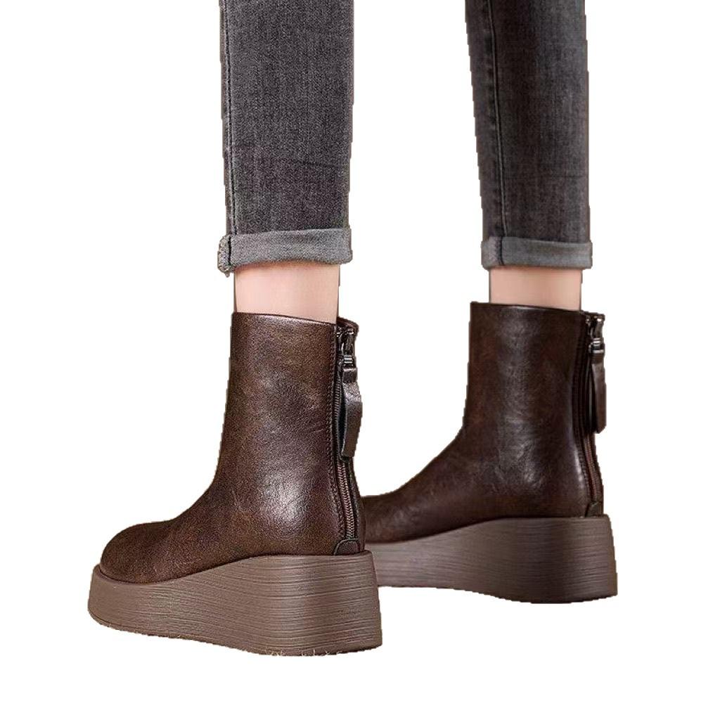 Real soft leather spring and autumn retro fashionable and comfortable short boots new round head thick sole heightening single boots