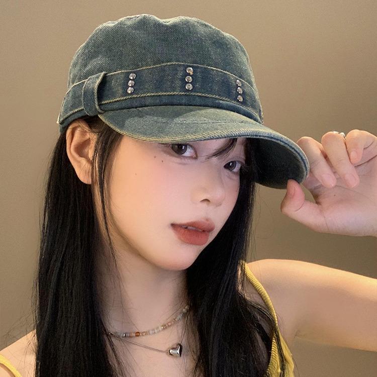 Retro Denim Flat Top Beret Women's Spring and Autumn Big Head Circumference Showing Face Small Peaked Cap Old Washed Hat Tide