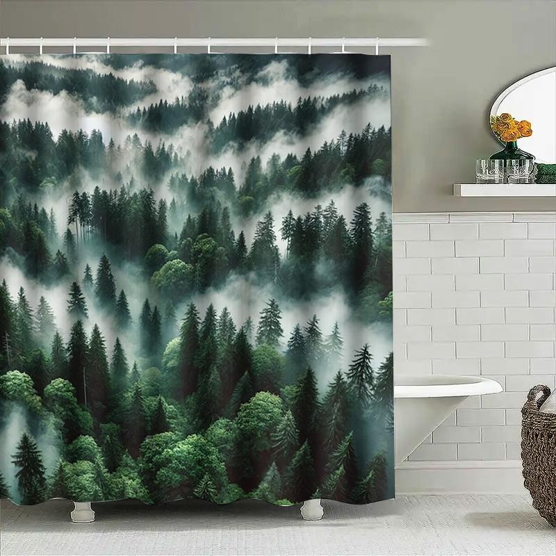Nature Lovers Paradise Forest Shower Curtain Misty Mountains Dense Greenery Bath Decor Serenity Spa Style Complimentary Hook