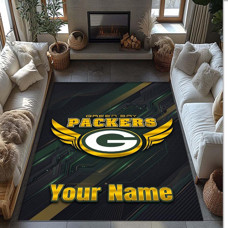 Green Bay Packers Crystal Velvet Rug, Custom Name Text Personalized Non‑Slip Floor Mat for Home Decor Gift