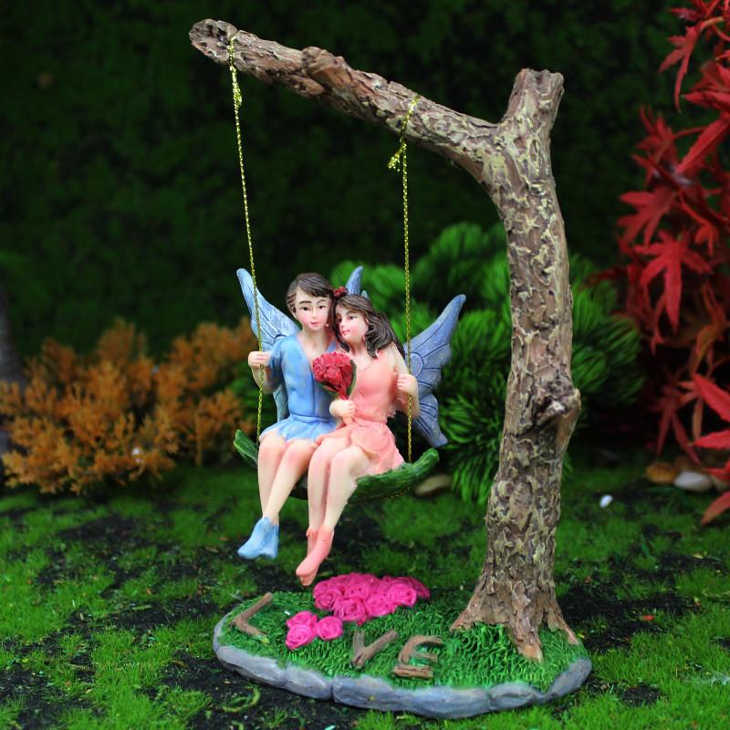Fairy Flower Couple Garden Resin Art Decor With Swing For Collectible Gift