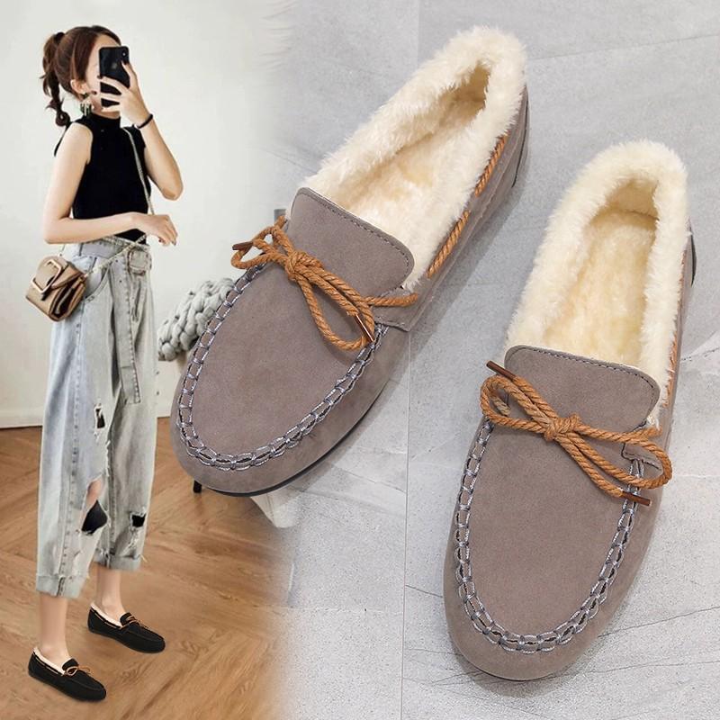 Doudou shoes single shoes 2024 winter new Korean version women's velvet flat-soled casual shoes lazy one-pedal cotton shoes tide