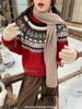 Retro Red Winter Sweater, Diamond Pattern Color Block Heavy Knit Top