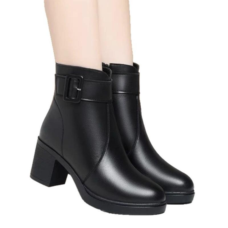 Soft Leather Medium Heel Short Boots Women's Autumn and Winter Single Boots Thick Heel Mother Cotton Shoes Piled Thickened Cotton Boots Martin Boots