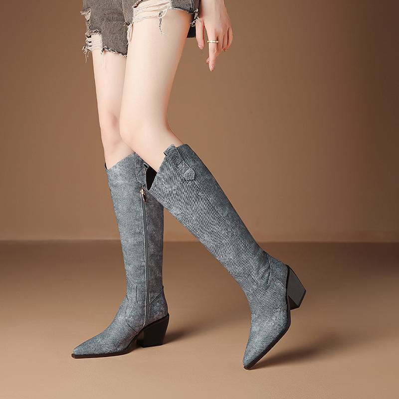 Western Women's Knee High Boots Genuine Leather Silver Cowboy Boot Pointed Wedges Heel Party Winter Shoes Ladies Big Size Brand