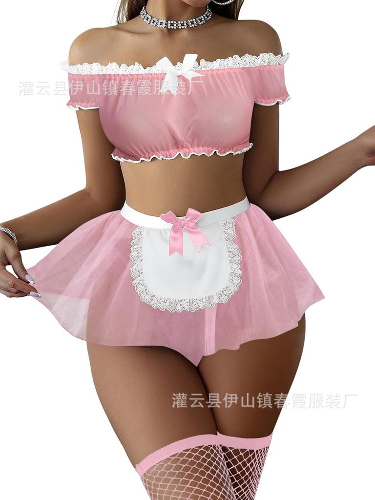 Sexy Lace Shoulder Maid Dress Seduction Cosplay Uniform Sexy Lingerie Set
